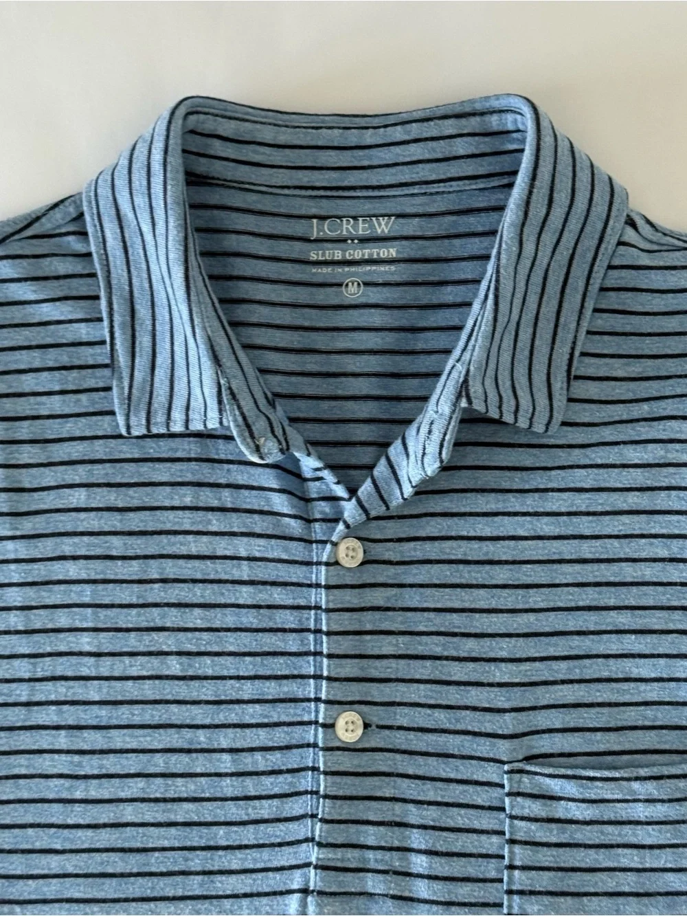J.Crew Slub Cotton Stripe Men's Medium Blue Pocket Polo Shirt Preppy Collegiate